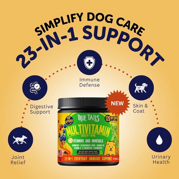 A 1:1 format ad showcasing a comprehensive dog multivitamin with clear icon-based benefits surrounding the product bottle.